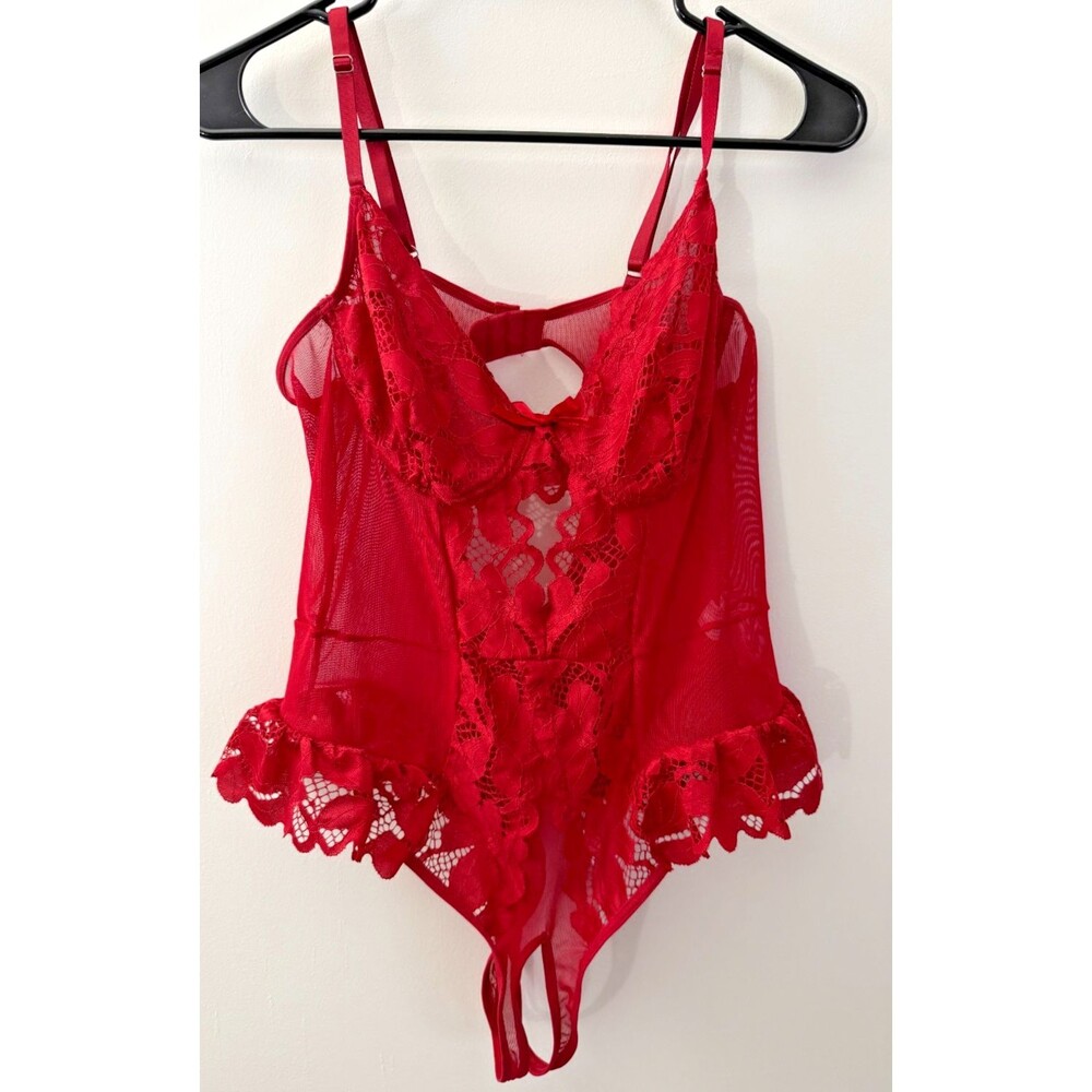 Red Lace Teddy Lingerie Sleepwear Women's Plus 2X Avidlove Crotchless Sheer